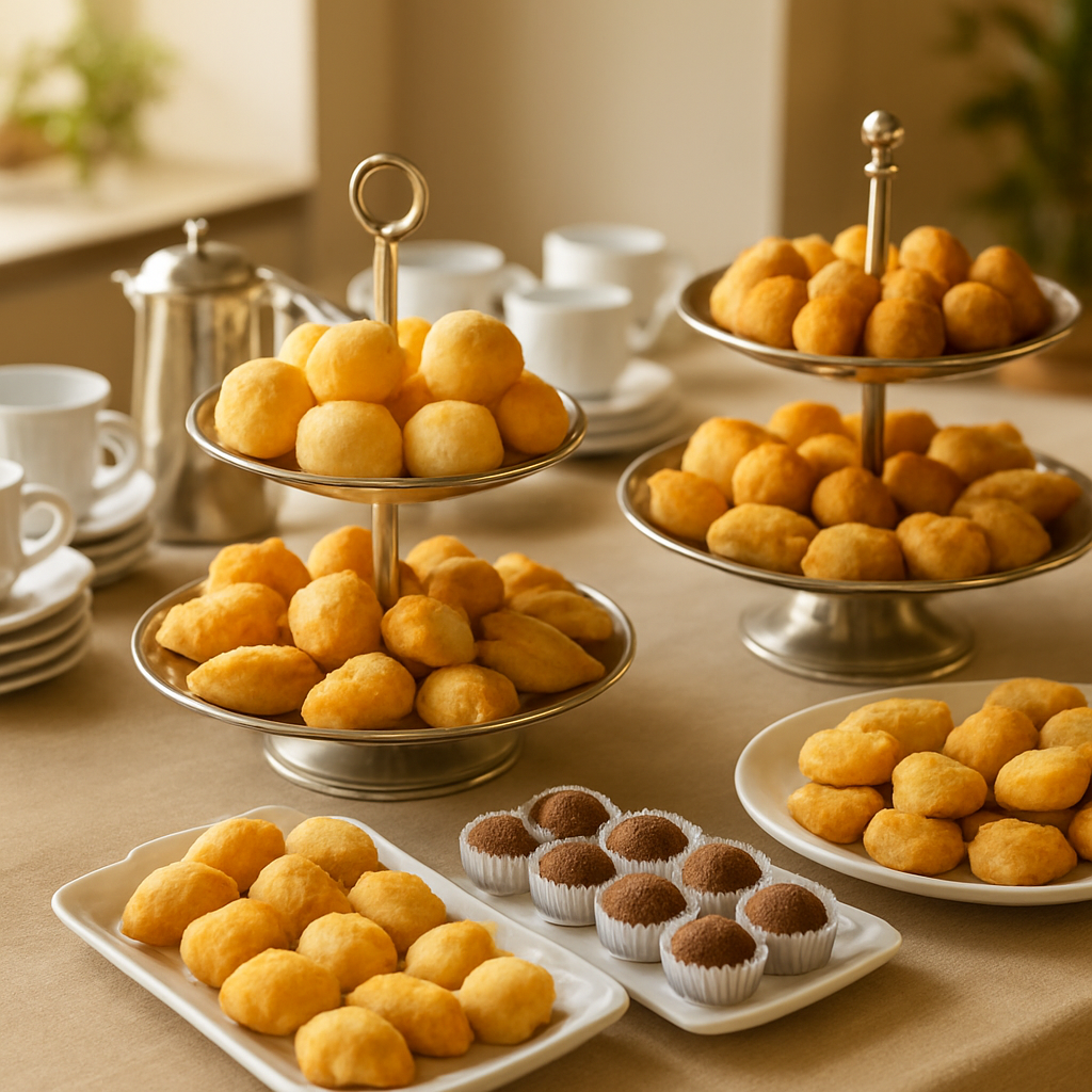 Mesa de coffee break corporativo com mini salgados da Salgaderia Premium